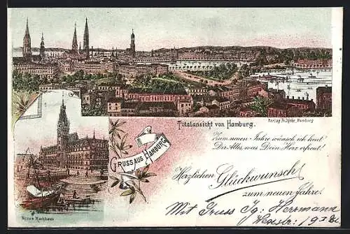 Lithographie Hamburg, Neues Rathaus, Totalansicht