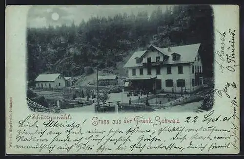 Mondschein-AK Schüttersmühle / Fränk. Schweiz, Gasthaus mit Umgebung