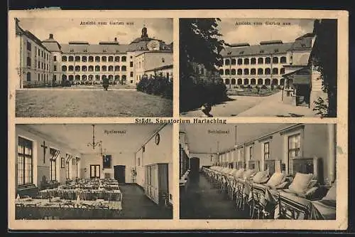 AK München-Harlaching, Städt. Sanatorium Harlaching, Ansicht vom Garten aus, Speisesaal