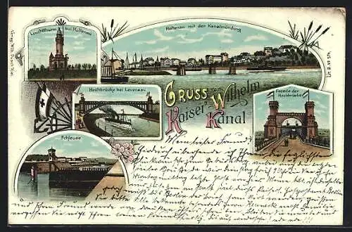 Lithographie Holtenau, Kaiser-Wilhelm-Kanal, Leuchtturm, Schleuse