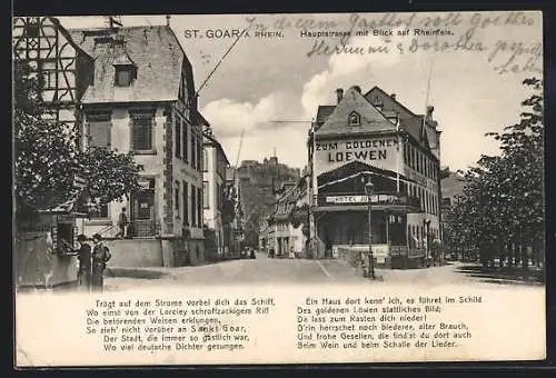 AK St. Goar a. Rh., Hauptstrasse mit Blick auf das Gasthaus zum goldenen Löwen und Rheinfels