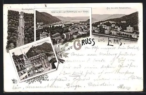 Lithographie Ems, Hotel zu den vier Türmen und neue Kirche, Kurhaus und Kaiserwohnung, Teilansicht mit dem Schweizerhaus