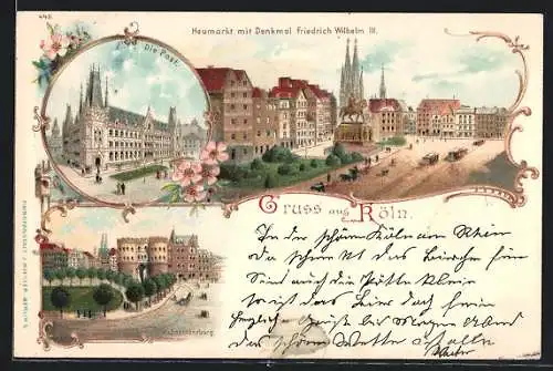 Lithographie Köln, Post, Hahnentorburg, Heumarkt mit Denkmal Friedrich Wilhelm III.