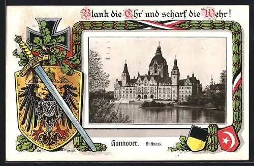 Passepartout-AK Hannover, Rathaus, Wappen und Eisernes Kreuz