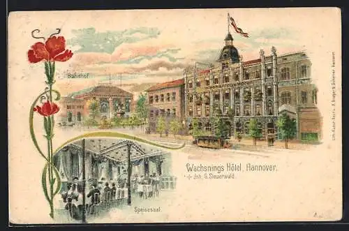 Lithographie Hannover, Wachsnings Hotel, Aussen- und Innenansicht, Inh. G. Steuerwald, Strassenbahn