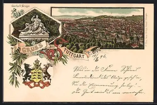 Lithographie Stuttgart, Wappen mit Löwe und Hirsch, Totalansicht, Eberhardgruppe