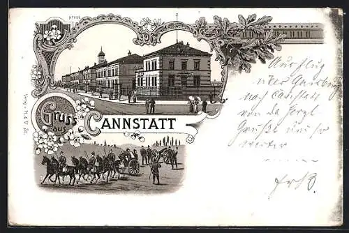 Lithographie Cannstatt, Kaserne, Soldaten auf dem Übungsfeld