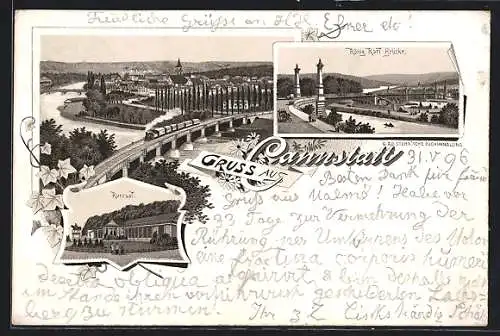 Lithographie Cannstatt, Kursaal, König Karl-Brücke, Ortsansicht, Eisenbahn