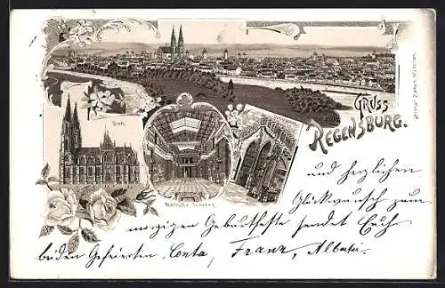 Lithographie Regensburg, Totalansicht, Dom, Dombrunnen, Wallhalla Inneres