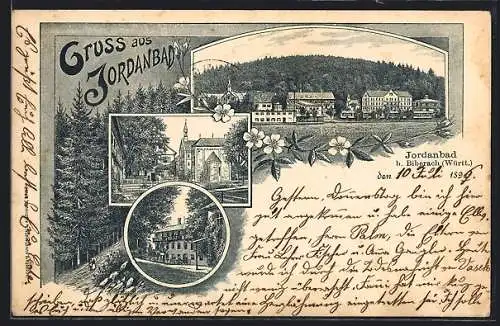Lithographie Jordanbad, Ortspartie, Panorama