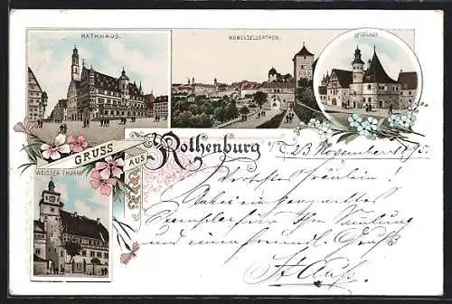 Lithographie Rothenburg o.T., Rathaus, Kobolzellersthor, Spitalhof, Weisser Thurm