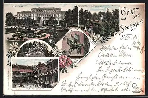 Lithographie Stuttgart, Hof des alten Schlosses, Graf Eberhard-Denkmal, Stadtgarten