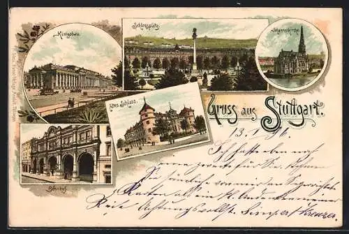 Lithographie Stuttgart, Teilansicht Königsbau, Schlossplatz, Johanneskirche, Altes Schloss, Bahnhof