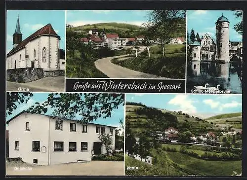 AK Wintersbach im Spessart, Schloss, Geishöhe, Kirche, Blick zum Ort aus zwei Richtungen