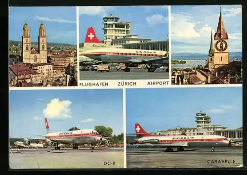 AK Zürich, Flughafenmotive mit DC-8 und Caravelle