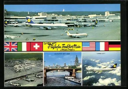 AK Frankfurt a. Main, Flughafen Rhein-Main, Jumbo Jet, Mainufer mit Dom