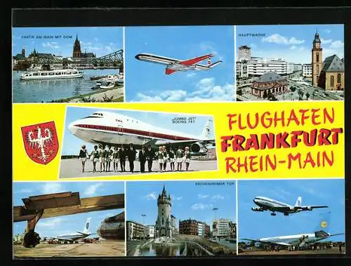 AK Frankfurt a. M., Flughafen Rhein-Main, Wappen, Mainpartie, Hauptwache