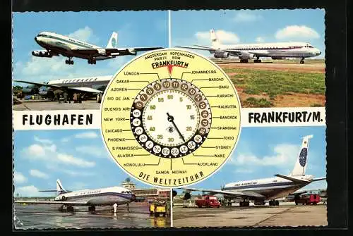 AK Frankfurt /Main, Vier Ansichten vom Flughafen mit Weltzeituhr