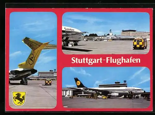 AK Stuttgart, Flughafen mit Condor-Maschinen und Lufthansa-Flugzeug, Wappen
