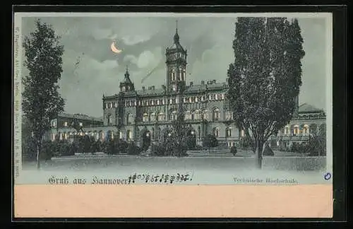 Mondschein-AK Hannover, Technische Hochschule, Halt gegen das Licht: beleuchtete Fenster