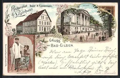 Lithographie Bad Eilsen, Gasthof Restauration-Logirhaus H. Tünnermann, mit Kursaal u. Strasse, Landestracht