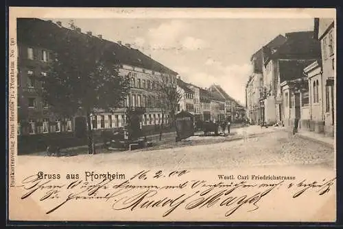 AK Pforzheim, Westl. Carl Friedrichstrasse mit Brunnen und Post