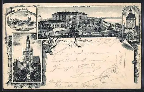 Vorläufer-Lithographie Konstanz, 1895, Hotel Konstanzer Hof mit Anlagen und Wasserblick, Turmtor, Kirchenpartie