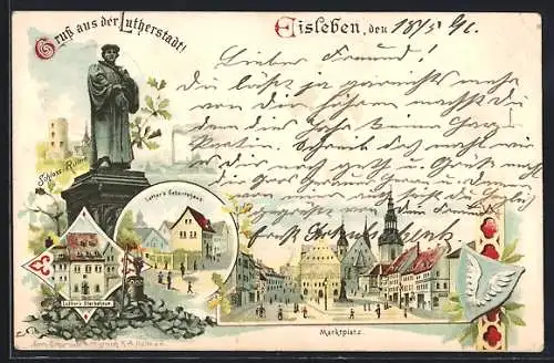 Lithographie Eisleben, Luther-Statue, Geburts- u. Sterbehaus, Marktplatz, Wappen