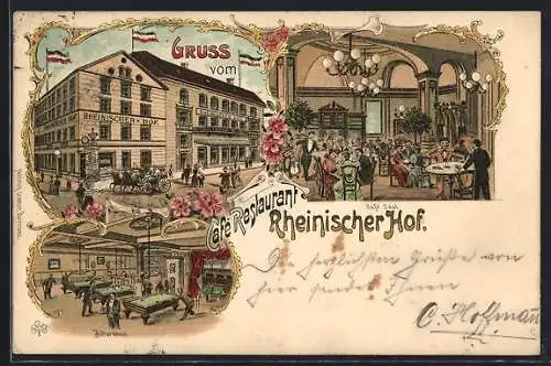 Lithographie Dortmund, Cafe-Restaurant Rheinischer Hof mit Strasse, Billard- und Cafe-Saal
