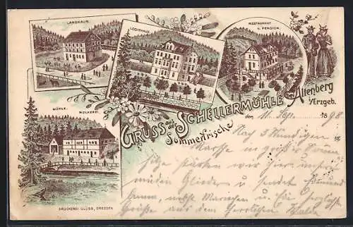 Lithographie Altenberg /Erzgebirge, Gasthof Schellermühle: Landhaus, Logirhaus, Restaurant-Pension, Molkerei u. Mühle