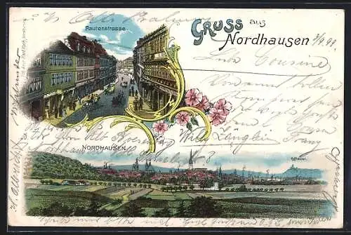 Lithographie Nordhausen, Rautenstrasse aus der Vogelschau, Ortspanorama mit Feldern und Kyffhäuser