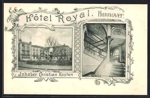 AK Hannover, Hotel Royal Christian Kasten, mit Brunnen-Anlage und Treppenhaus