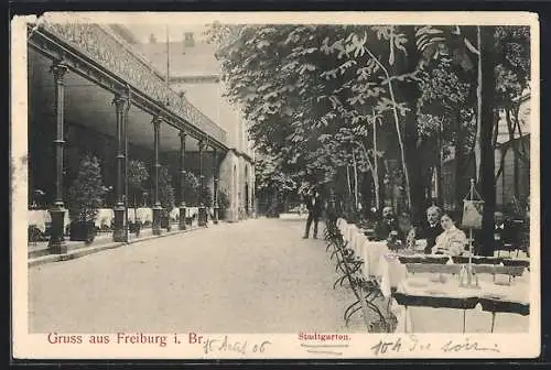 AK Freiburg i. Br., Gasthaus Stadtgarten, Ansicht mit Aussentischen