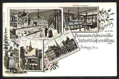Lithographie Freiburg i. Br., Schwarzwälder Industrieausstellung, Restaurantgarten der alten Busse, Tracht