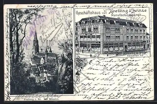AK Freiburg i. Br., Geschäftshaus Manufactur Waaren Koetting & Heinze, Kaiserstrasse 46, Teilansicht mit Münster