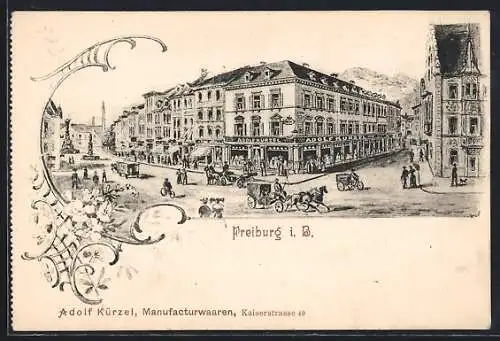 AK Freiburg i. Br., Manufacturwaaren Adolf Kürzel, Kaiserstrasse 43, Ansicht mit Strassenkreuzung und Denkmälern