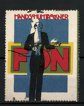 Reklamemarke Fön als Handschuhtrockner, Hausdiener fönt einen Handschuh, Bild 9