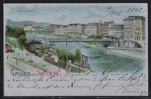 Lithographie Wien, Stadtansicht mit der Stephaniebrücke