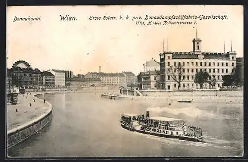 AK Wien, Donaukanal mit Donaudampfer, hintere Zollamtsstrasse