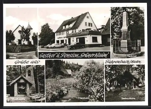 AK Fahrenbach / Baden, Kirche, Gasthof u. Metzergei Zum grünen Baum, Denkmal, Waldkapelle
