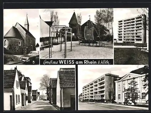 AK Weiss am Rhein, Kirche, Spielplatz, Gebäudeansichten