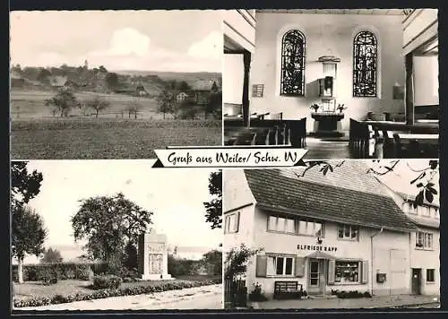 AK Weiler / Baar Kreis, Gemischtwaren Elfriede Rapp, Kirche, Denkmal