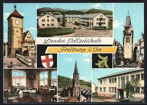 AK Freiburg / Breisgau, Landes-Polizeischule, Kantine, Schwabentor, Münster, Wappen, Strassenbahn