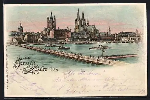 Lithographie Köln, Blick auf die Uferpartie, Dampfer