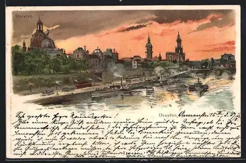 Lithographie Dresden, Stadtpanorama mit Elbe im Abendrot
