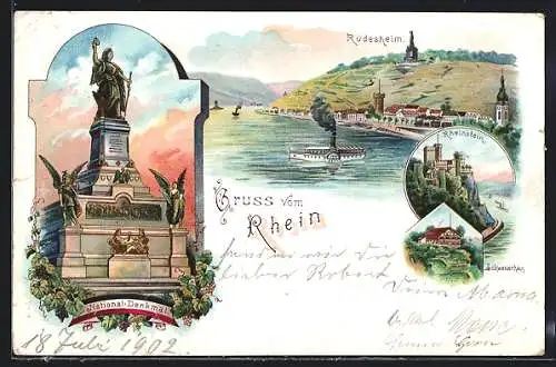 Lithographie Rüdesheim / Rhein, National-Denkmal, Burg Rheinstein, Raddampfer