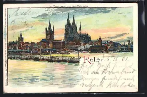Lithographie Köln, Panorama von der Schiffsbrücke