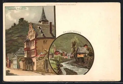 Künstler-Lithographie Carl Biese: Lorch / Rhein, Strassenpartie, Partie an der Wisper