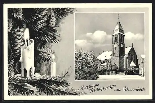 AK Schermbeck / Rhld., Kirche im Weihnachts-Passepartout