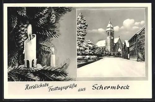 AK Schermbeck / Rhld., Kirchpartie im Kerzen-Passepartout